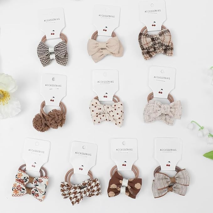 10 Pairs Baby Girl Bow Elastic Hair Ties Set, Tiny Hair Rings with Pom Pom
