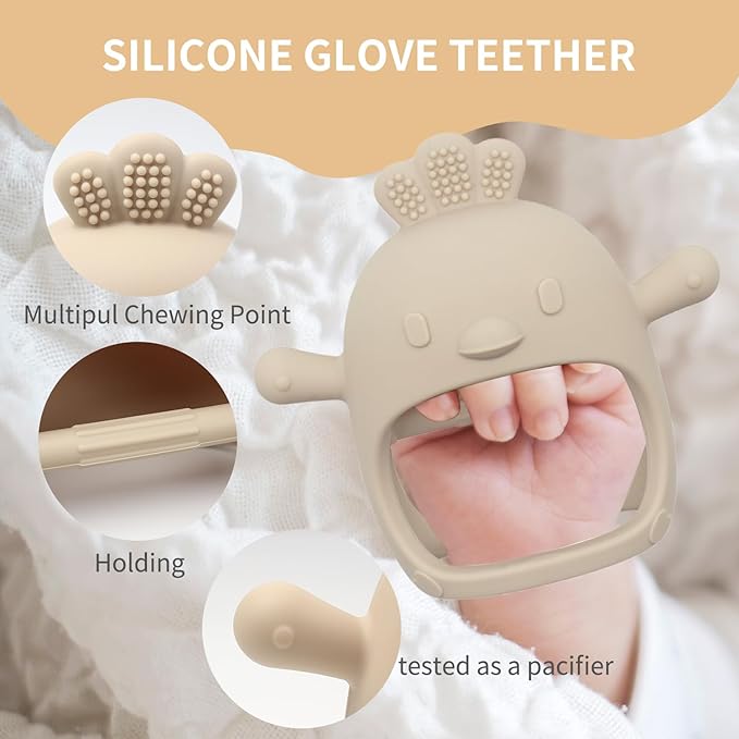 Baby Sensory 4-Piece Teething Toy Set: Hollow Chicken Teether, Mittens 6-Months (Blue/Beige)