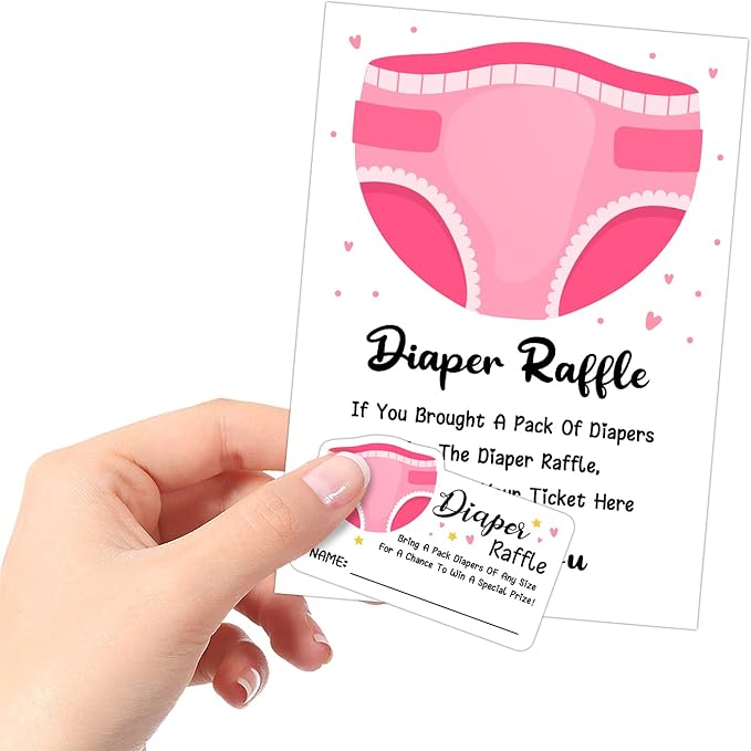 Diaper Raffle Baby Shower Game - Pink Diapers Insert Ticket -girl Baby Shower Game (1 Sign 50 Cards)