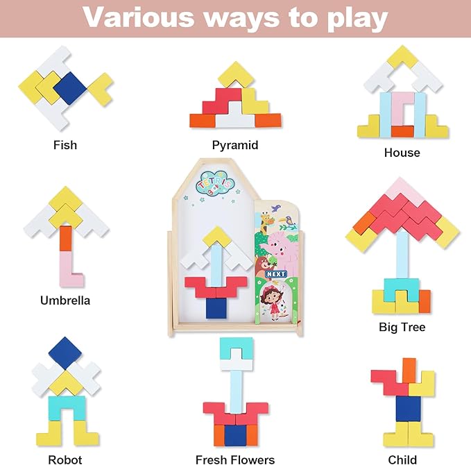 GEMEM Wooden Blocks Puzzles for Kids Ages 4-8, Thick 3D Russian Blocks Brain Teasers Tangram Jigsaw, STEM Intelligence Toys,Montessori Educational Gift for Toddlers Kids 3 4 5 6 7 8 Boys Girls