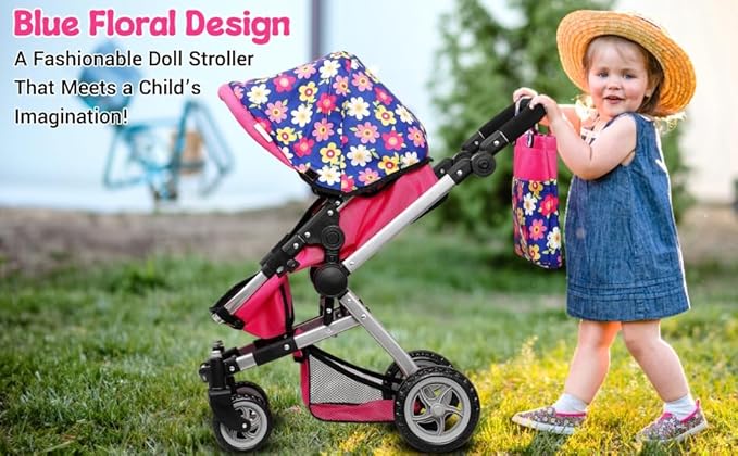 Fash N Kolor | Foldable Pram for Baby Doll with Flower Design with Swiveling Wheel Adjustable Handle Bassinet Stroller with Baby Doll, Convertible Seat