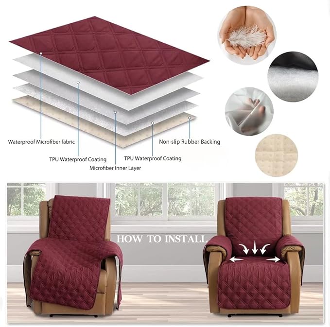 TOMORO Non-Slip Quilted Recliner Cover, 100% Waterproof Recliner Chair Slipcover Furniture Protector with Pockets, Washable Couch Cover with Elastic Straps for Kids and Pets,23 Inch