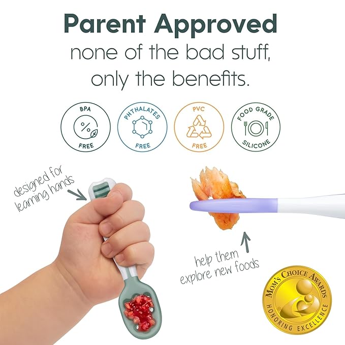 NumNum Baby Spoons Set, Pre-Spoon GOOtensils for Kids Aged 6+ Months - First Stage, Baby Led Weaning (BLW) Spoon - Self Feeding, Silicone Toddler Food Utensils - 2 Spoons, Blue/Green