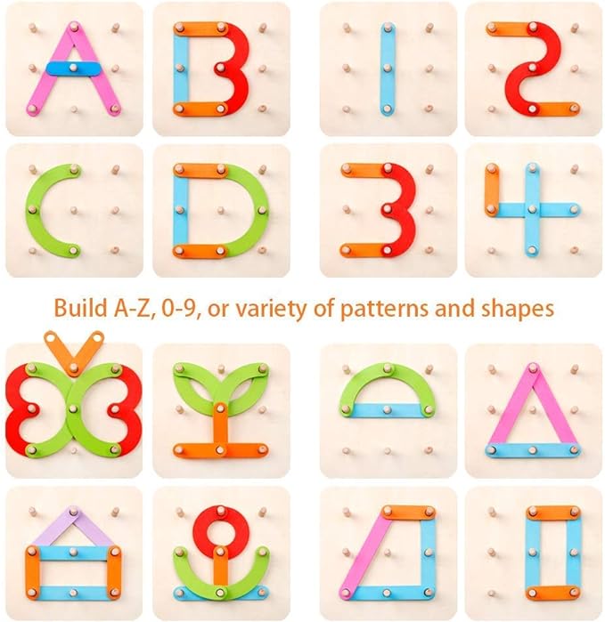 Coogam Wooden Letter Number Construction Puzzle Educational Stacking Blocks Toy Set Shape Color Sorter Pegboard Activity Board Sort Game for Kids Gift Preschool Learning STEM Toy