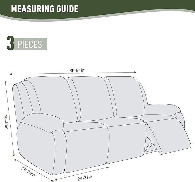 KinCam Recliner Covers, Stretch Reclining Chair Covers, Recliner Sofa Slipcovers Stripe Jacquard Recliner Couch Covers Furniture Protector Covers for Pet Kid (3 Seater, Greyish Green)