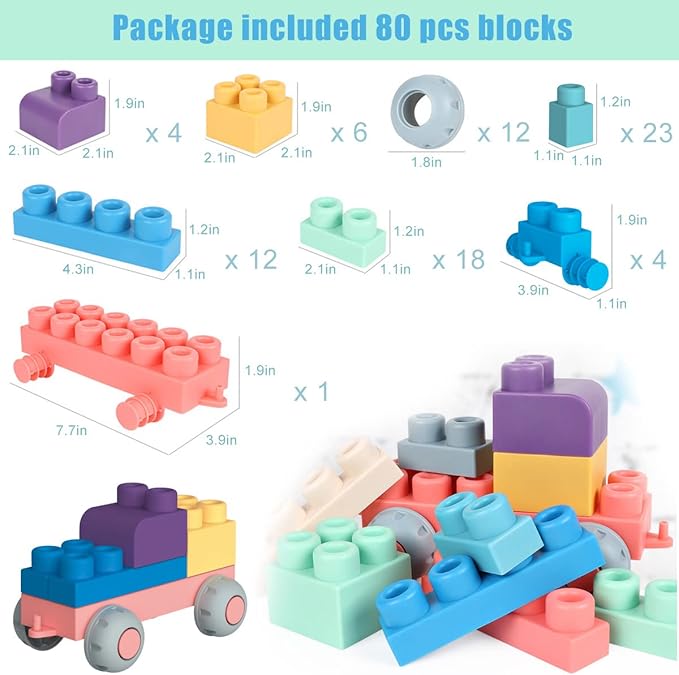 Soft Building Block Sets for Kids Aged 18 Months to 6 Years Old. STEM Building Blocks for Baby, Preschool. Large Construction Block Toys for Toddler Safe Playing 80 Pieces