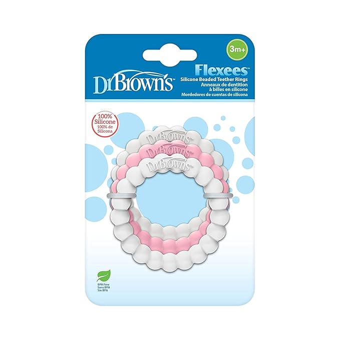 Dr. Brown's Flexees Friends Silicone Teether Purple Octopus Dr. Brown’s Flexees Beaded Teether Rings,100% Silicone Self-Soothe,3 Pack, 3m+