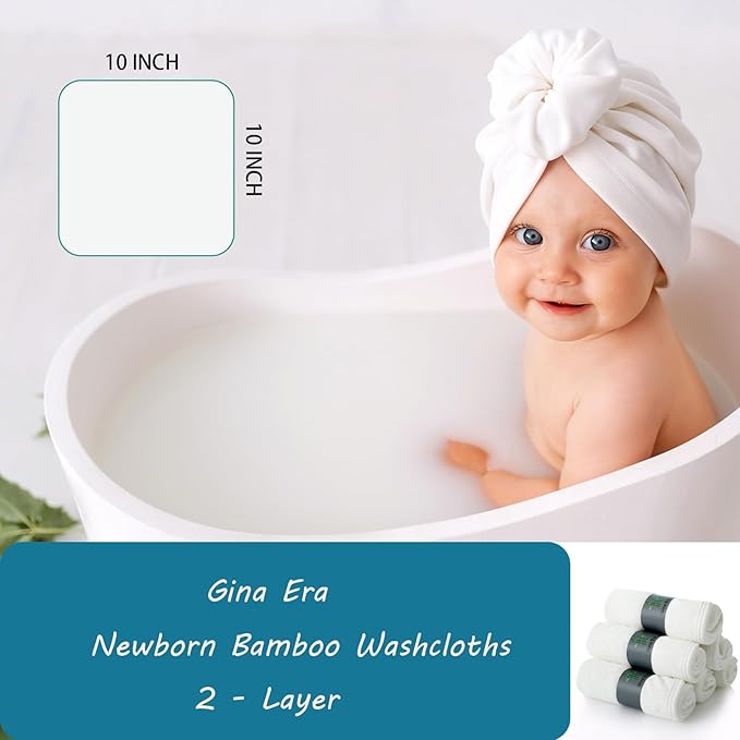 Gina Era Baby Washcloths, Rayon Derived from Bamboo - 2 Layer Soft & Absorbent & Hypoallergenic Newborn Bath Face Towel 10 x 10 Inch