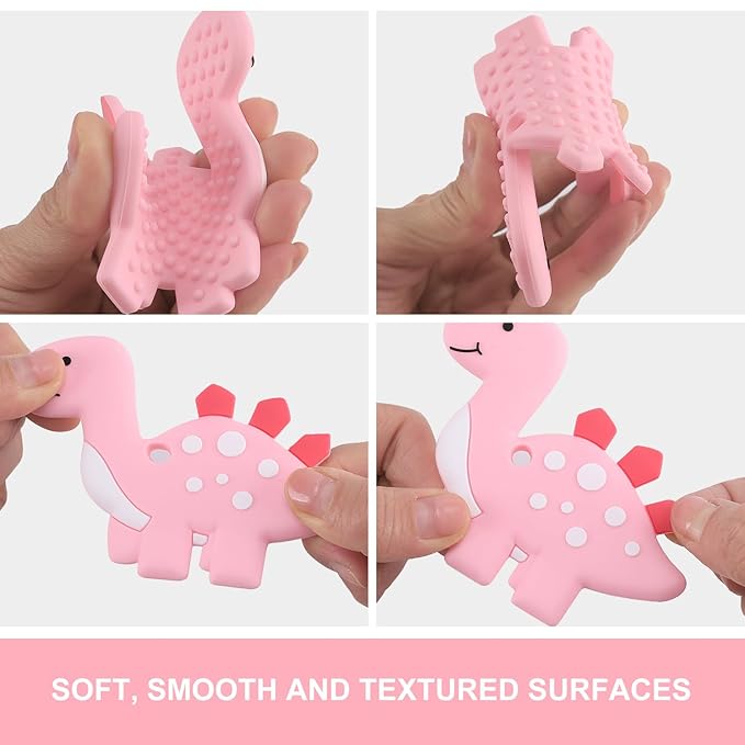Baby Teething Toys, Dinosaur Teether Pain Relief Toy with One Piece Design Pacifier Clip Holder Set for Newborn Babies