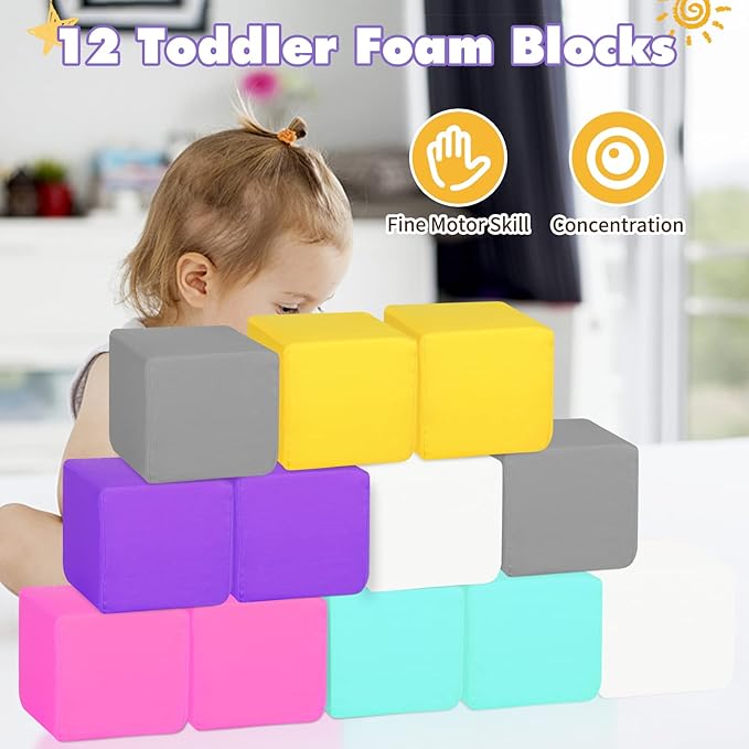 Foam Blocks for Toddlers, Soft Building Blocks for Toddlers Colorful 12 Pieces