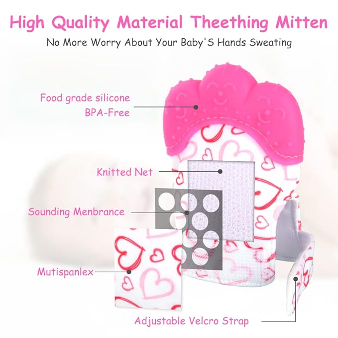 2Pack Silicone Teething Mitt, Soothing Infant Teething Mitten Pain Relief 0-12 Months