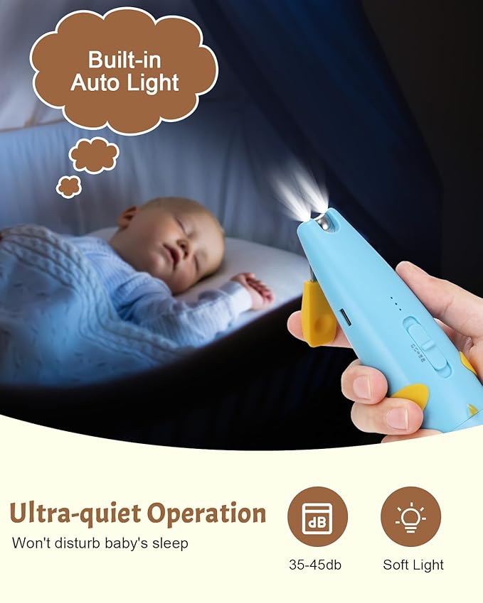 Lictin 2 in 1 Baby Nail Trimmer Electric, Safe Baby Nail File Kit Rechargeable, Baby Nail Clippers with Auto Light for Newborn, Infant, Toddler, Kids, 10 Replacement Grinding Heads, Trim and Polish