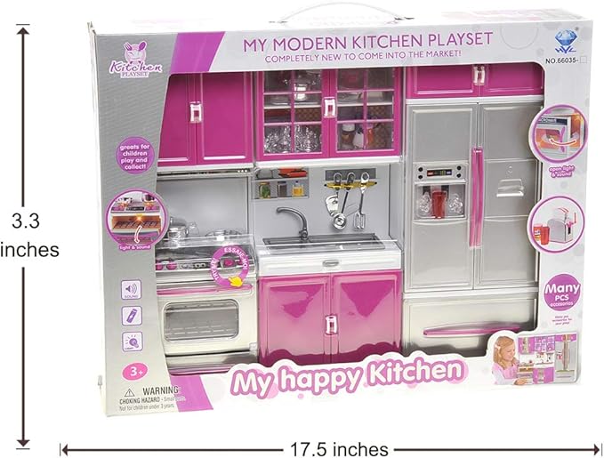 PowerTRC Doll Kitchen Play Set, Mini Modern Toy Kitchen Pretend Play Furnitures Toy Set Accessories Set with Realistic Light & Sound for Kids Toddlers Girls (3-in-1)
