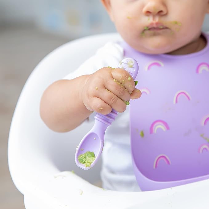 Bumkins Baby Utensil Set, Silicone Trainer Spoons for Dipping, Soft Tip, Self-Feeding, Chew, Baby Led Weaning, First Year Training Supplies, Essentials Learning Eating, 4 Mos, 3-pk Pink and Lavender