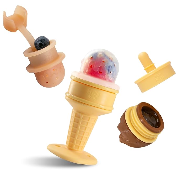 Smily Mia Baby Fruit Food Feeder & Freezer Teether Combo, Icy Bite Ice Cream Teether for Baby Cooling Relief Feeding,3 Month+,Choclate