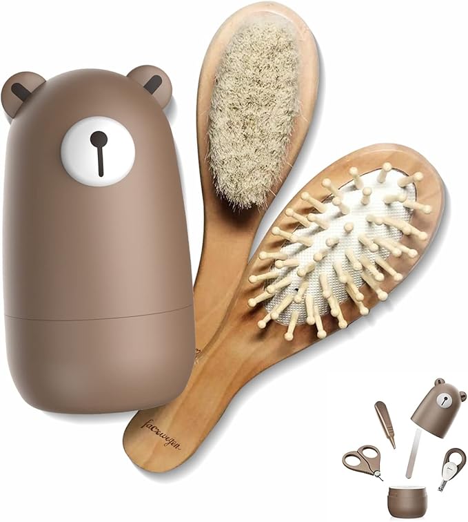 6-in-1 Baby Grooming Set, Natural Wooden Hairbrush and Comb, Nail Clippers,Nail Scissors, Nail File and Tweezers for Kids and Newborns in Nice Gift Box