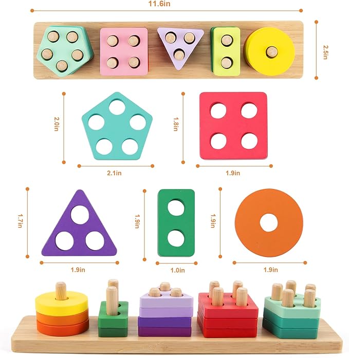 HONGTEYA Montessori Toys for 1 2 3 year old, Toddlers Wooden Sorting and Stacking Toys for Baby Boys and Girls 20 Color