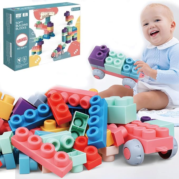 Soft Building Block Sets for Kids Aged 18 Months to 6 Years Old. STEM Building Blocks for Baby, Preschool. Large Construction Block Toys for Toddler Safe Playing 80 Pieces