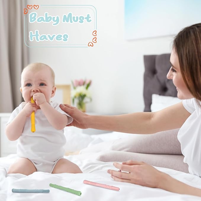 Baby Teething Tubes Teether Sticks, 4 Pack Silicone Hollow Teething 6-12 Months