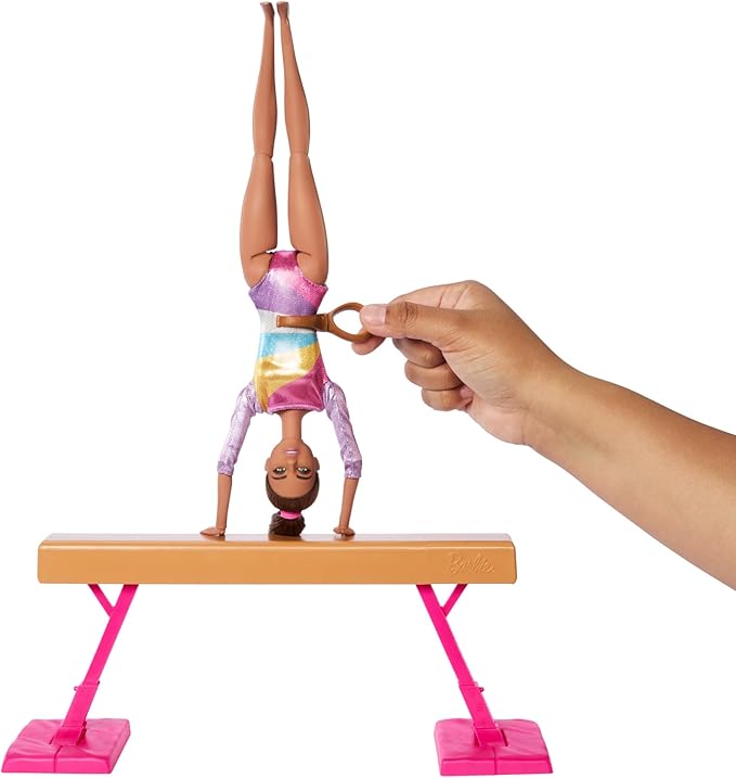 Barbie Careers Playset, Gymnastics Set with Brunette Gymnast Fashion Doll, C-Clip for Flipping Action, Balance Beam, Warm-Up Suit & Accessories