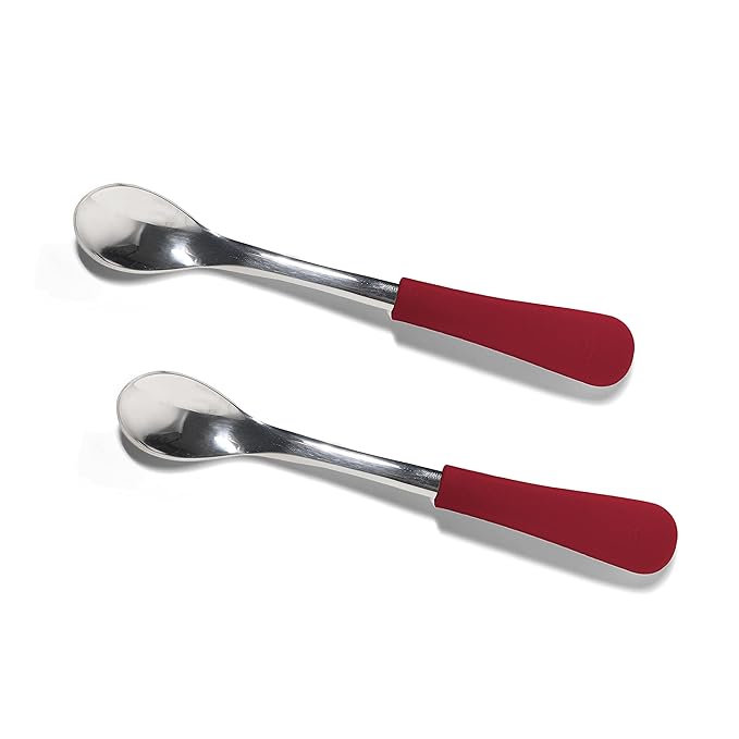 Avanchy Infant Baby Spoons Stainless Steel and Silicone Set, Self Feeding Food Utensils, 4 Months Baby Led Weaning, 2 Pack, Magenta