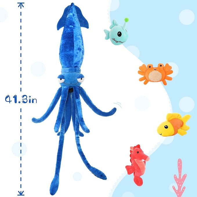 Giant Squid Stuffed Animal Toy 41.3 inches with Four pcs of Marine Animal Plush Dolls Clownfish,Crab