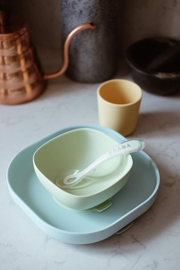 BEABA Silicone 4 Piece Baby Feeding Set, Suction Plates for Baby, Includes Plate, Bowl, Cup, 2nd Stage Silicone Spoon, High Grade Food Safe Silicone, Pastels