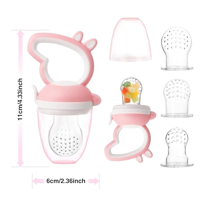 Baby Solids/Frozen Fruit Feeder Pacifier, Infant Teether Toy 4M+, BPA-Free Silicone Pouch & Nipple, Safely Introduce Solids, Teething Relief, 2-Pack (Piglet - Green Pink, S/M/L)