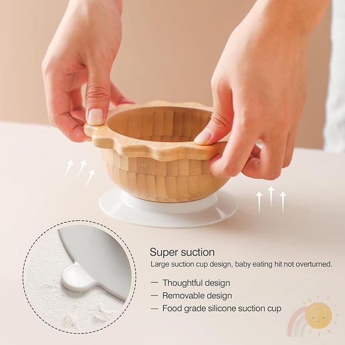Suction Bowl for Baby Kid Toddler Bamboo Bowl Spoon Fork Set with Removable Silicone Suction All-Natural Baby Feeding Set for Baby-Led Weaning Fits Feeding High Chair Table