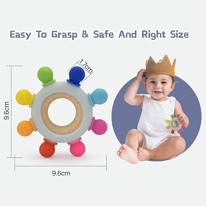 Baby Teething Toys-Silicone Boat Rudder Baby Teether Toys,Removable Wooden Ring 0-24 Months (Rainbow,8 Directions)