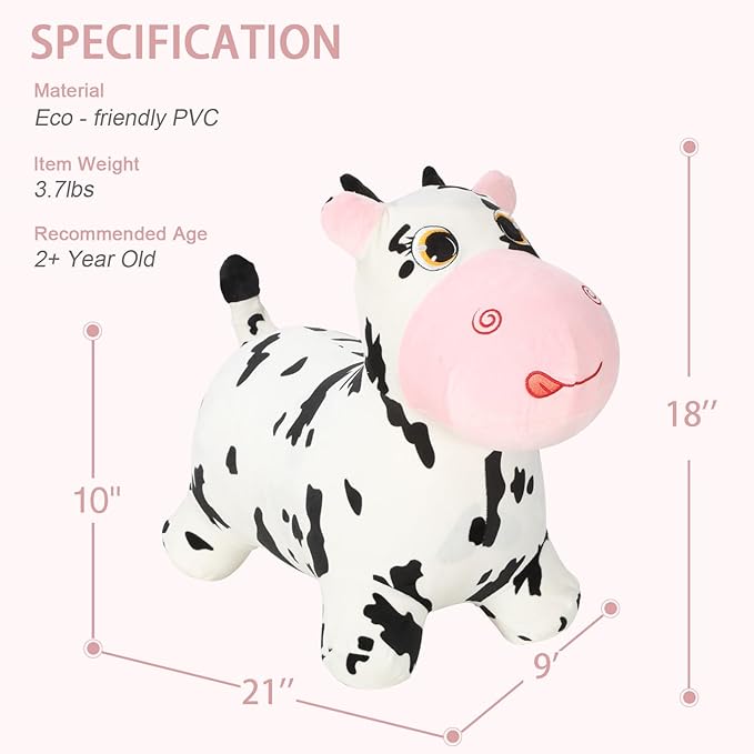 INPANY Bouncy Cow farm Animal Hopping Toys for 2 Year Old Girl gifts, Plush Kids Inflatable Jumping Horse 3 4
