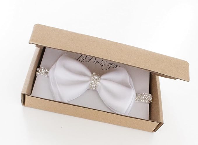 0-12 Newborn Baby Baptism Pearl Headband with Bow in WHITE Christening Headband with Satin Bow, Pearl Rhinestone Band (Peach(6-12Months) 6-12Months)