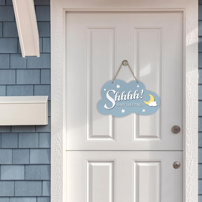 Shhhh Baby Sleeping Front Door Sign, Blue Cloud Wood Door Hanger Outdoor Outside Porch Nursery Decor