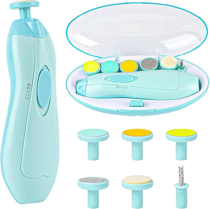 Baby Nail Electric Trimmer, Trim Polish Grooming Kit with 6 Grinding Head and LED Light, Safe Nail Clippers Nail File Kit for New Born Infant Toddler or Adults Toes and Fingernails (Green)