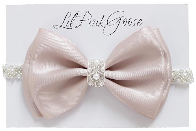 0-12 Newborn Baby Baptism Pearl Headband with Bow in WHITE Christening Headband with Satin Bow, Pearl Rhinestone Band (Champagne(3-6Months) 3-6Months)