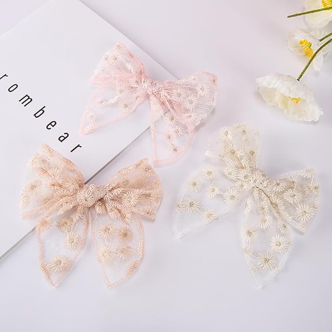 Fable Embroidered Hair Bow clips, Gauze Large Bows Alligator clips 8 PCS