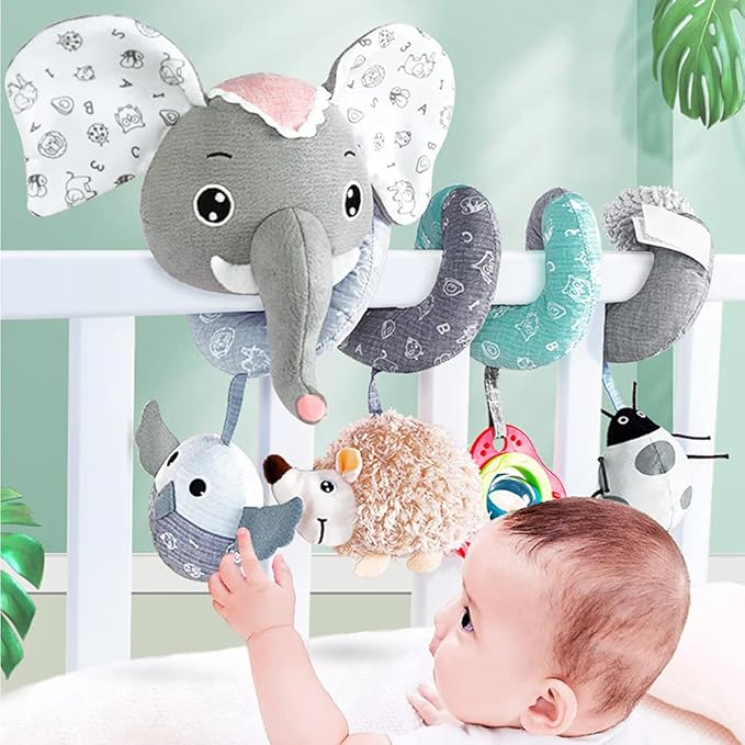 Baby Car Seat Toys, Hanging Stroller Toys for Baby 0-6 Months Infants Activity Spiral Toys with Musical Owl Rattles Hedgehog Beep Ladybug Squeaker - Gray Elephant Toys for Newborn Baby 0 3 6 12 Months