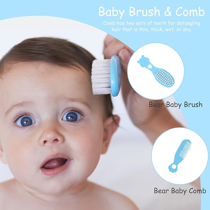 Baby Grooming Kit, Portable Baby Safety Care Kit with Baby Brush and Comb Set Baby Nail Trimmer Nasal Aspirator etc for Nursery Newborn Infant Girl Boys Keep Clean Baby Essentials (17 in 1 Blue)