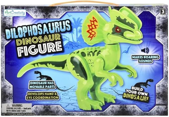 ArtCreativity Roaring Dilophosaurus Dinosaur Toy for Kids, Build Your Own Dinosaur Block Figure, Features Sounds and Includes Assembly Instructions, Dinosaur Birthday Party Supplies for Kids