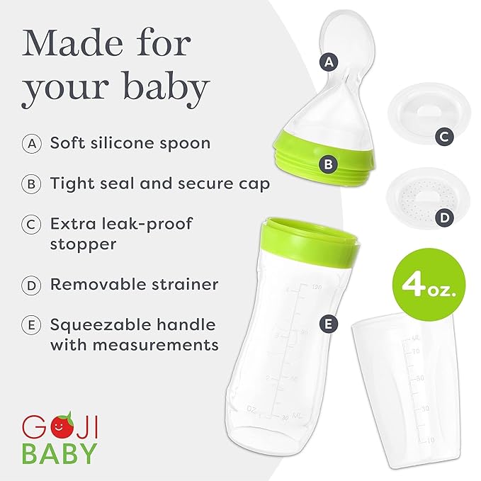 4 oz Silicone Baby Food Dispensing Spoon - 2 Pack - Great for 4+ Month Infants - Includes Stopper - Easy to Use and Mess-Free - Precise Food-Release Feeder - Great for Travel (Green)