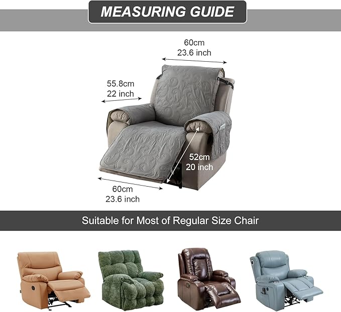 100% Waterproof Recliner Chair Cover, Recliner Chair Covers for Reclining Chair, Non-Slip Fabric Recliner Couch Cover for Living Room, for Pets Kids Protector, Washable (Light Gray, 23"Recliner Chair)