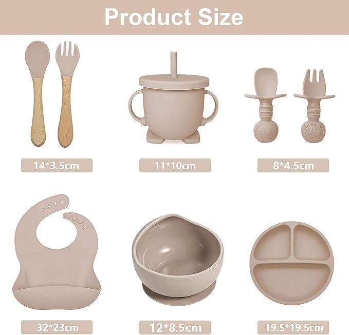 Baby Feeding Tableware Set Silicone Tray and Bowl with Suction Cup Baby Weaning Supplies Adjustable Waterproof Bib Learning Cup and 2 Spoons 2 Forks 8-Piece Set(Apricot)