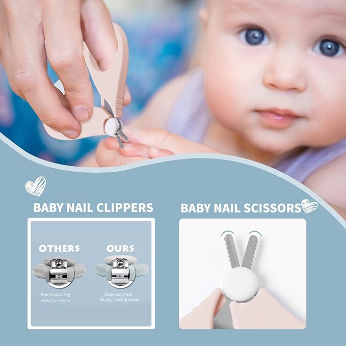 Baby 7 in 1 Grooming Set, Nail Scissors, Nail File, Tweezers, Natural Wood Hair Comb, Storage Basket for Children and Newborns in Beautiful Gift Box