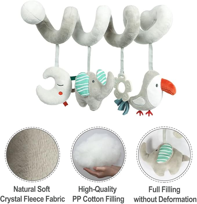 Baby Car Seat Toys, Activity Spiral Plush Hanging Wrap Around Pram Pushchair Stroller Toys, Sensory Early Education Toy for Toddler, Grey Elephant