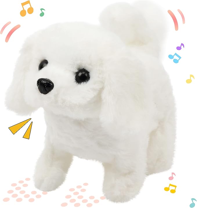 Hopearl Walking Dog Bichon Interactive Electronic Pet Plush Toy Puppy Woof and Moving Animated Nodding Head Gifts for Toddlers Birthday, White 7''