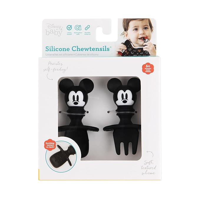 Bumkins Disney Baby Utensils Set, Chewtensils Silicone Spoons for Dipping, Self-Feeding, Baby Led Weaning, Trainer Learning, First Stage Eating, Soft Fork and Spoon, Babies 6 Months, Mickey Mouse