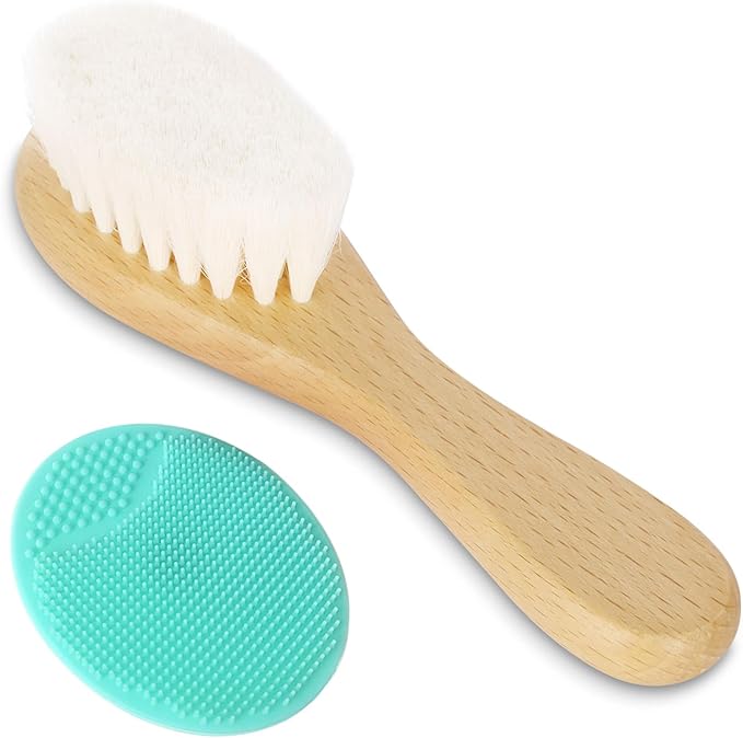 Baby Hair Brush, Goat Bristles Brush and Baby Cradle Cap Brush Set for Cradle Cap Wood Bristle Brush for Newborns and Toddlers (2 Piece)