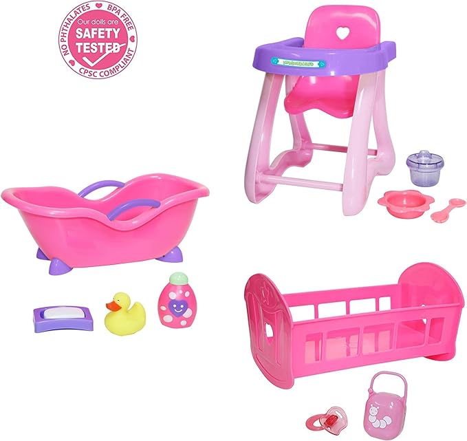 JC Toys Deluxe Doll Accessory Bundle | High Chair, Crib 11" | 11" La (81453)