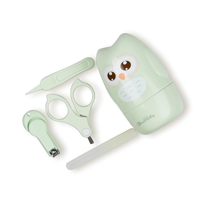 Baby Nail Kit, Baby Manicure Kit and Pedicure with Cute Owl Shape Case. Baby Nail Clipper, Scissor, Nail File & Tweezer for Newborn, Infant & Toddler, Mothers Day Gifts(Green)