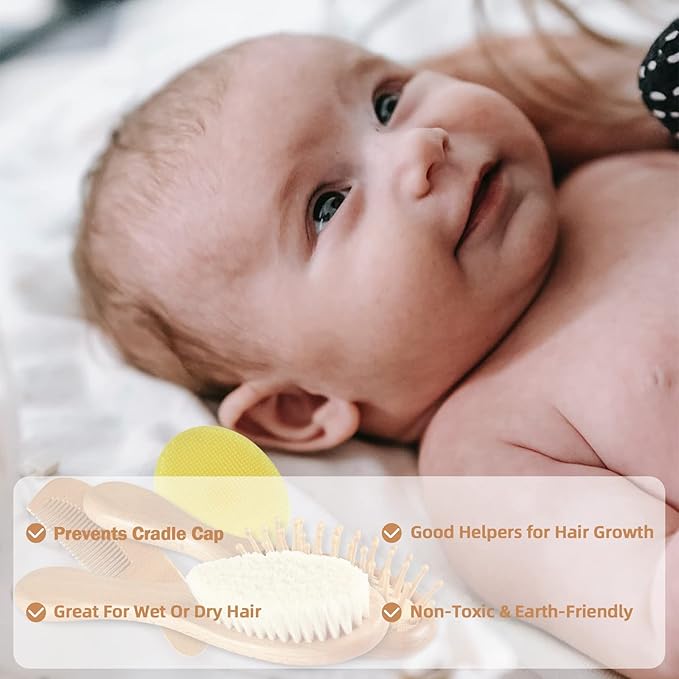 Baby Hair Brush and Comb Set (4-Piece) for Newborn - Wooden Baby Hairbrush Set,A Beechwood Brush, Baby Airbag Brush, Beech Handle Brush, and Prevent Cradle Cap Silicone Brush - Ideal Registry Gift